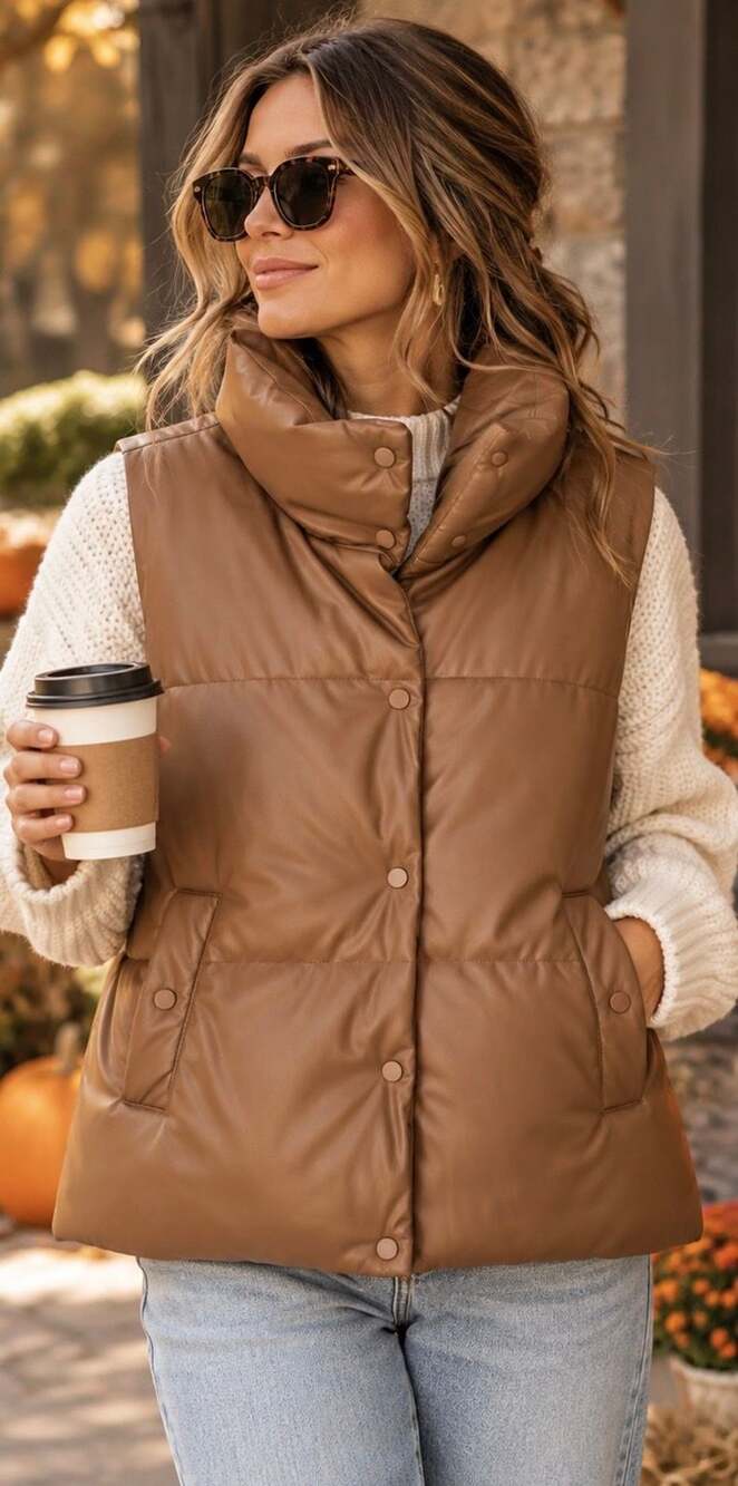 Love Tree Faux Leather Puffer Vest Size Small Brown